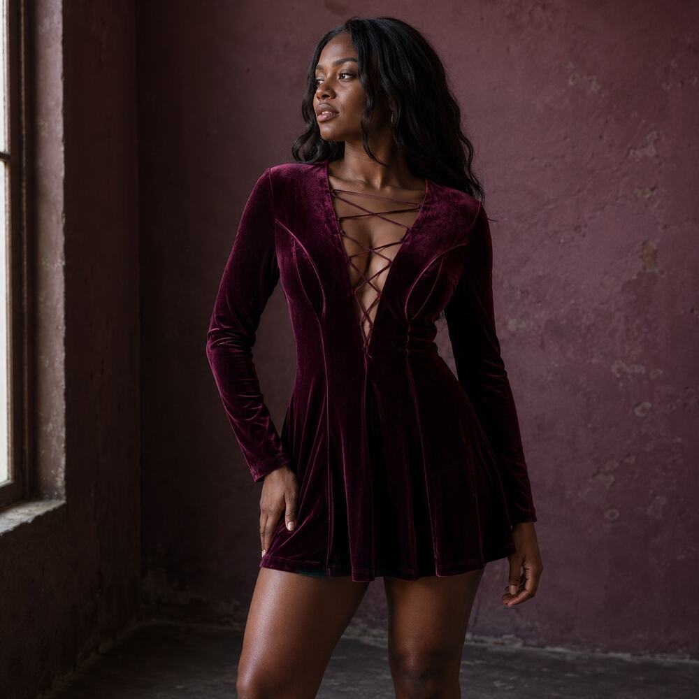 House of CB Burgundy Velvet Lace Up Bodycon Mini Dress Long Sleeve Large
